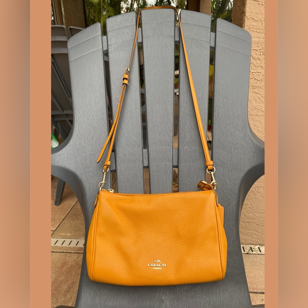 Coach “Carrie” Crossbody Bag Pebbled Leather Yellow Orange Peel